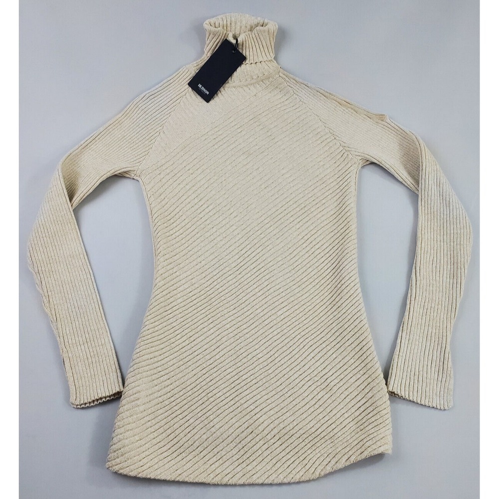 Hudson Women Metallic Gold Ribbed Turtleneck Cold Shoulder Sweater EGGGAR3908 M